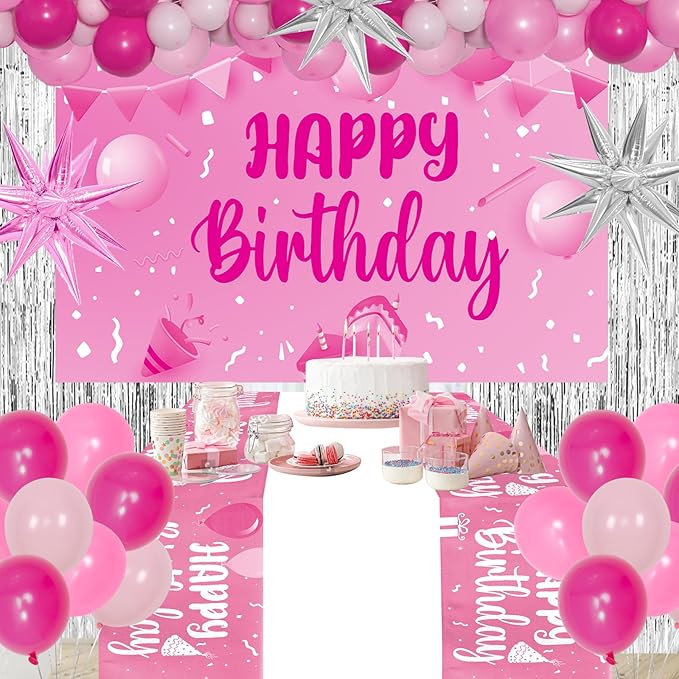 Hot Pink Birthday Decorations for Women Girls, 85pcs Happy Birthday Decor Silver Party Decoration Foil Star Balloons Curtains Banner Tablecloth Light Pink Party Supplies 13th 16th 18th 21st