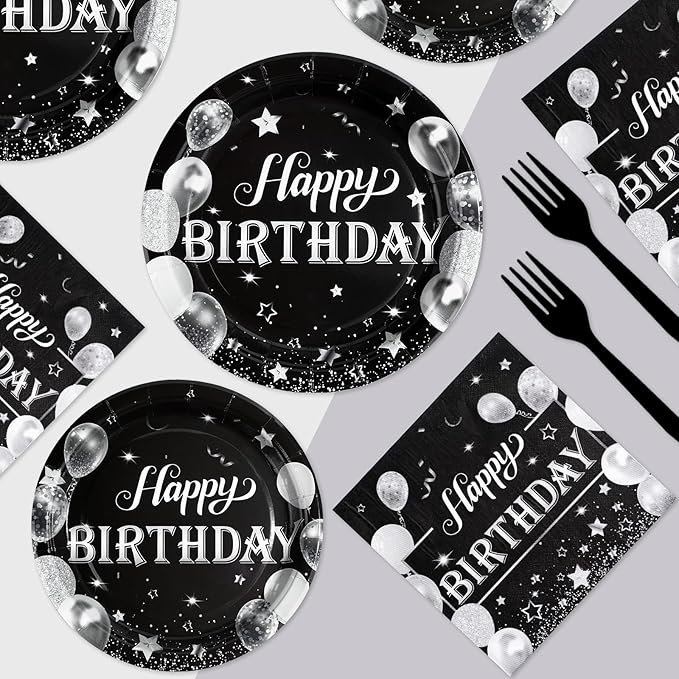 96Pcs Black and Silver Birthday Party Supplies Black and Silver Plates Disposable 350GSM Black White Tableware Set Black Birthday Party Decorations for Men Women Glitter Birthday Party Favor,Serve 24
