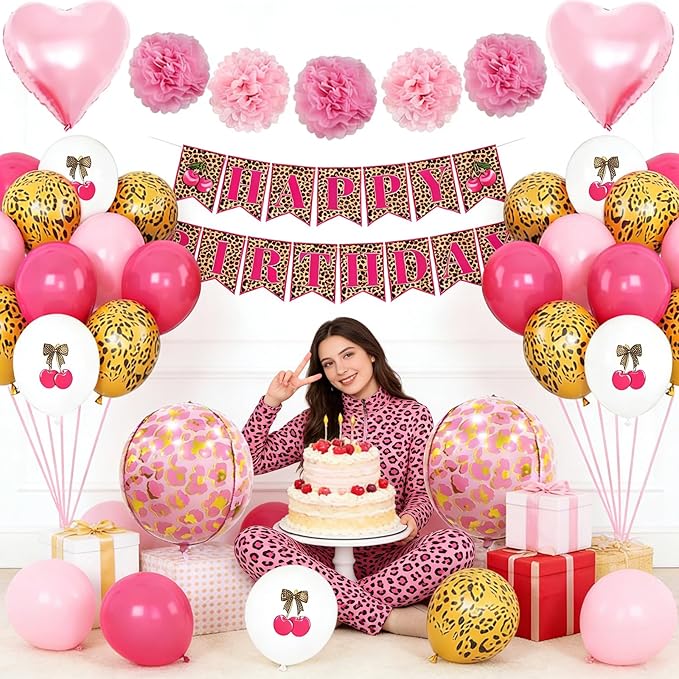 Pink Cheetah Print Birthday Decorations Leopard Foil Cherry Print Balloons Happy Birthday Banner with Heart Balloons for Women Baby Shower Safari Wild Birthday Theme Party Supplies