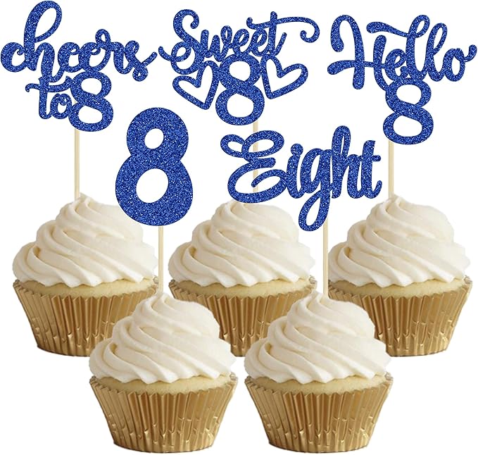 30Pcs 8th Birthday Cupcake Toppers Glitter Eight Hello 8 Cupcake Picks Cheers to 8 Years Old Cake Decorations for 8th Birthday Party Supplies Deep Blue