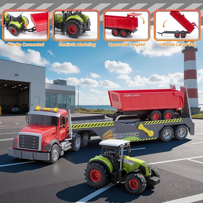 Large Flatbed 21" Semi Truck Toys for Kids with Tractor & Dump Truck,Friction Powered Vehicles Toys with Lights and Sounds,Christmas Birthday Gift Kids Boy Girls Toddlers Age 3 4 5 6 7