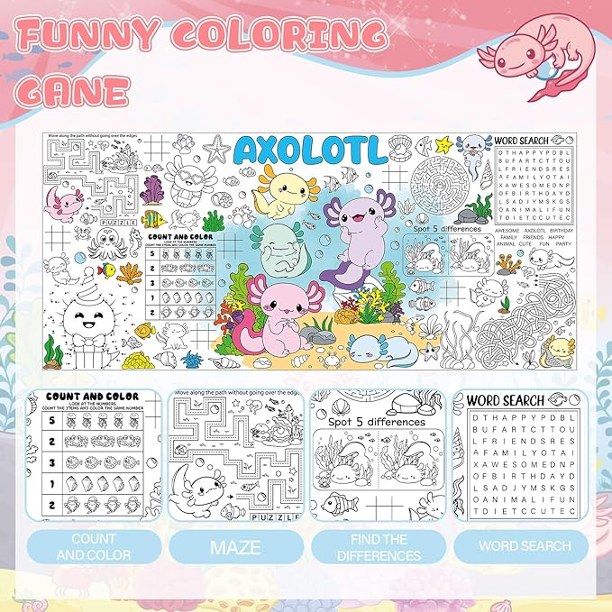Naozinebi Axolotl Giant Coloring Poster for Kids Axolotls Large Coloring Tablecloth Big Paper Sheets Page Axolotl Theme Table Cloth DIY Activity Game Art Crafts Mat Wall Home Party Decoration Supplies