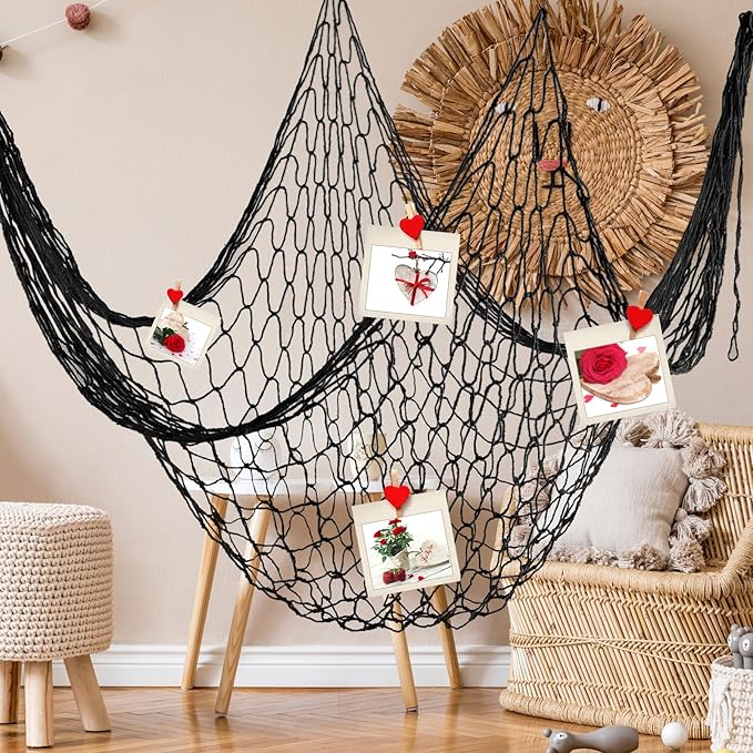 Shappy 2 Pcs Fish Net Decorative 80 x 40 Inch, Wall Hanging Fishnet for Mermaid, Pirate, Nautical, Under the Sea Party Decoration Ocean Themed Hawaii Beach Birthday Halloween Party Supplies(Black)