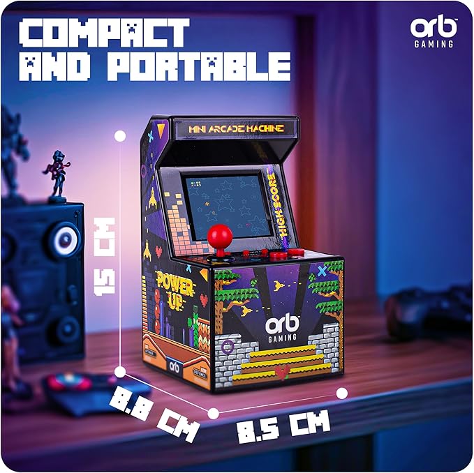 Orb - Mini Arcade Machine, 300 in-Built Games, 8-Bit Retro Arcade Games, 2.5” Full Colour Screen, 8-Way Joystick, 2 Buttons, Volume Control