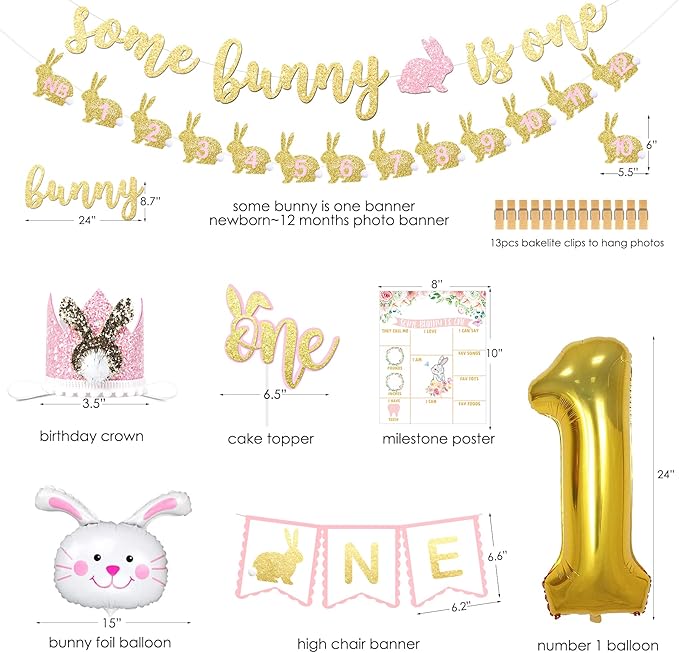 Some Bunny is One Birthday Party Supplies, Some Bunny is One First Birthday Decorations, Bunny 1st Birthday Decorations for Girls, Some Bunny is One banner for Spring Easter Rabbit Themed Baby Girls 1st Birthday