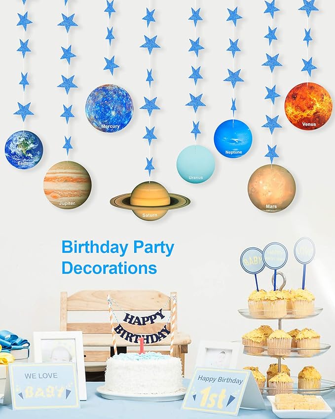 Solar System Decoration Banner, Eight Planet Garland with Blue Shimmer Star, Premium Paper Galaxy Outer Space Garland for Kids Bedroom Decor, Astronaut Birthday Party Supplies, SONGTIY