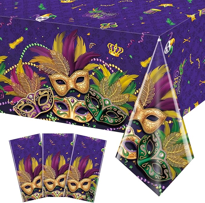 3 Pack Mardi Gras Tablecloths, Masquerade Dancing Table Decorations, Plastic Purple Table Cover Backdrop for Mardi Gras Carnival Party Supplies and Decors, 54 x 108 Inch