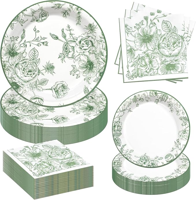 180pcs Sage Green Floral Plates and Napkins Set,Sage Green Party Decorations for Bridal Baby Shower Wedding Tea Party Supplies,Serve 60 Guests