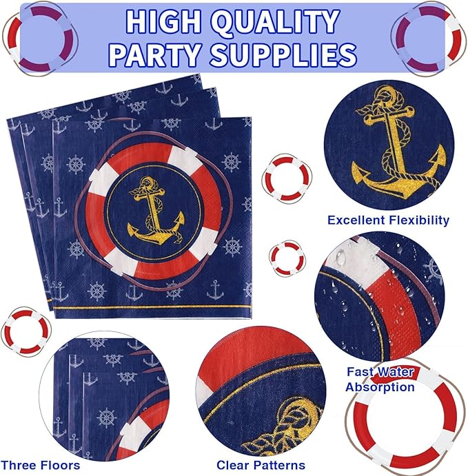 Grencian 96Pcs Nautical Anchor Party Supplies Navy Nautical Party Plates Sailor Boat Ship Paper Plates Disposable Anchor Theme Tableware Set for Baby Shower Birthday Party, Serves 24