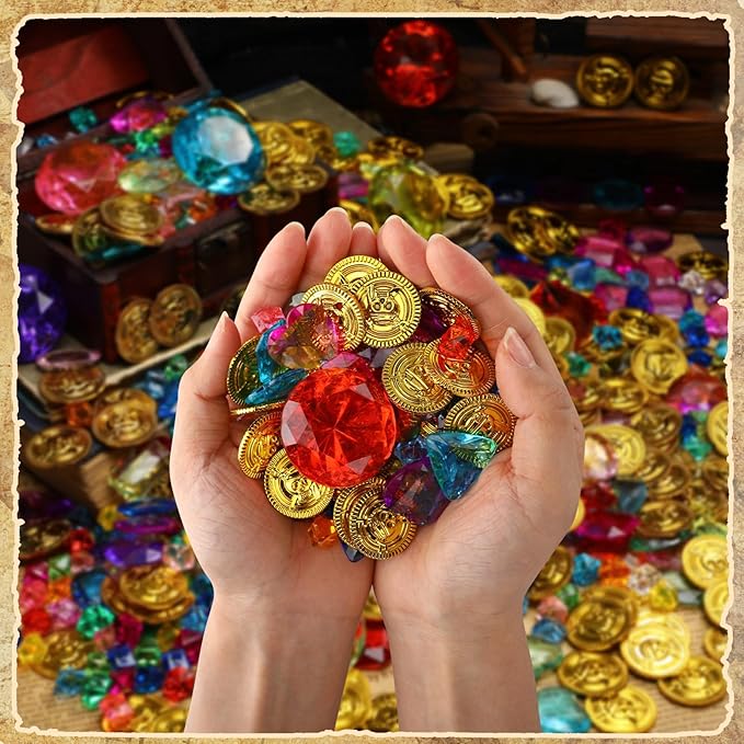 Gejoy 868 Pcs St. Patrick's Day Pirate Party Favors Pirate Treasure Jewels and Gold Fake Coins Booty Chest Play Set with Drawstring Bag for Summer Pool Diving Adventure Themed Party Decorations