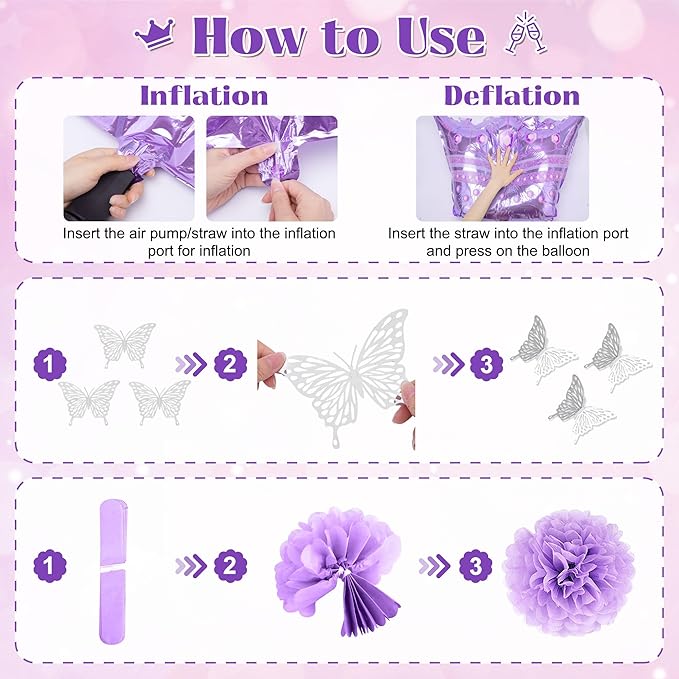 Ouddy Life Purple Birthday Party Decorations for Women Girls, Lavender Purple Pink Foil Confetti Balloons, Fringe Curtain, Cake Topper, Pompoms, Happy Birthday Banner Wedding Princess Party Supplies