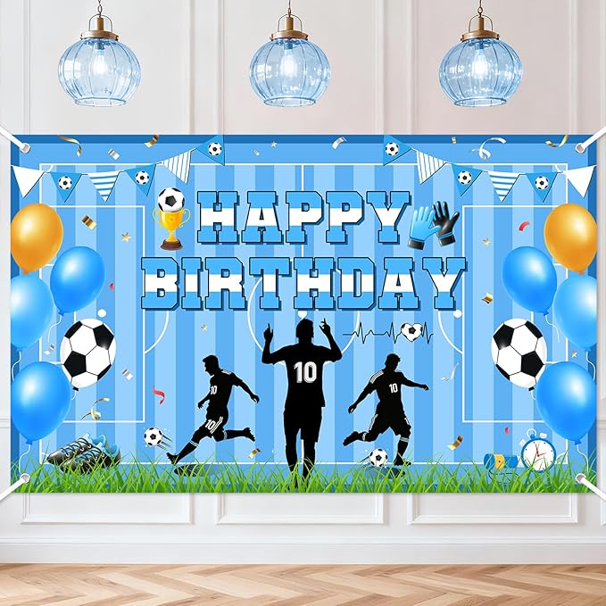 Avezano Scoccer Star Birthday Party Decorations Scoccer Sports Theme Happy Birthday Banner Backdrop Kids Teens Football 10th Birthday Party Celebrations Supplies (Blue, 6x3.6 ft)