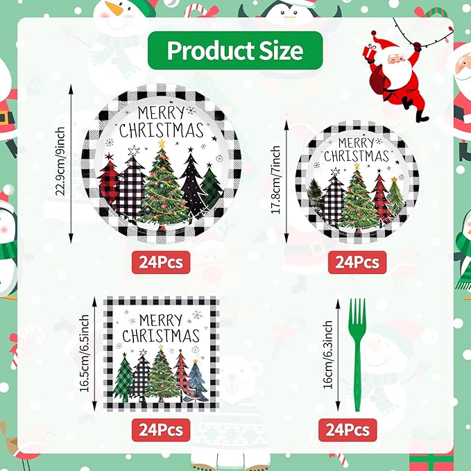 96 Pieces Christmas Tree Tableware Party Supplies – Black and White Buffalo Plaid Disposable Dinnerware with Paper Plates, Napkins, and Plastic Forks for Rustic Winter Celebration – Serves 24