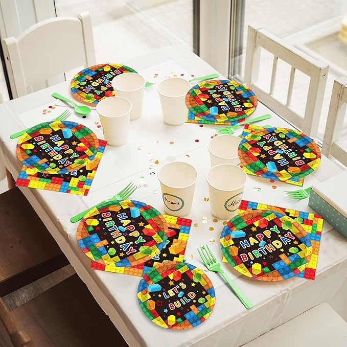 gisgfim 96 Pcs Building Block Birthday Party Supplies Paper Plates Napkins Colorful Blocks Party Birthday Decorations Favors for Boy or Girl Serves 24