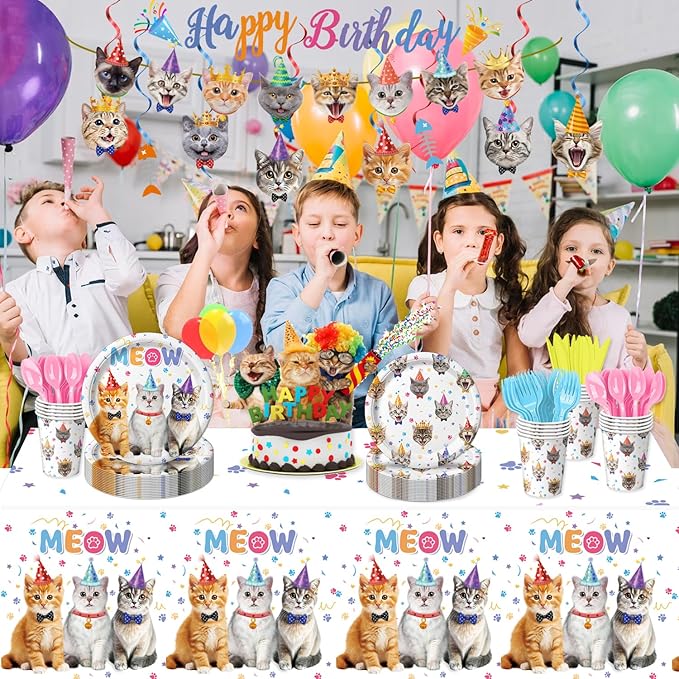 170PCS Cat Birthday Decorations Cat Birthday Party Supplies - Includes Plates, Napkins, Cups, Cutlery, Banner, Hanging Swirl for Cat Birthday Party Decorations, Serves 24