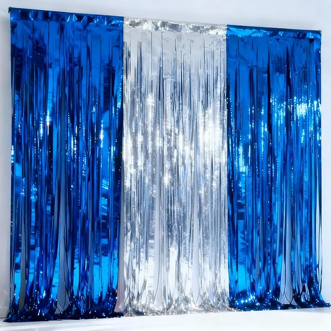 3packs Blue and Silver Foil Fringe Curtains, Blue Birthday Party Decorations Backdrop for Women, Graduation Decorations Tinsel,Retirement Tinsels for Man Him,Wedding Streamers-Each 3.3 x 6.5ft
