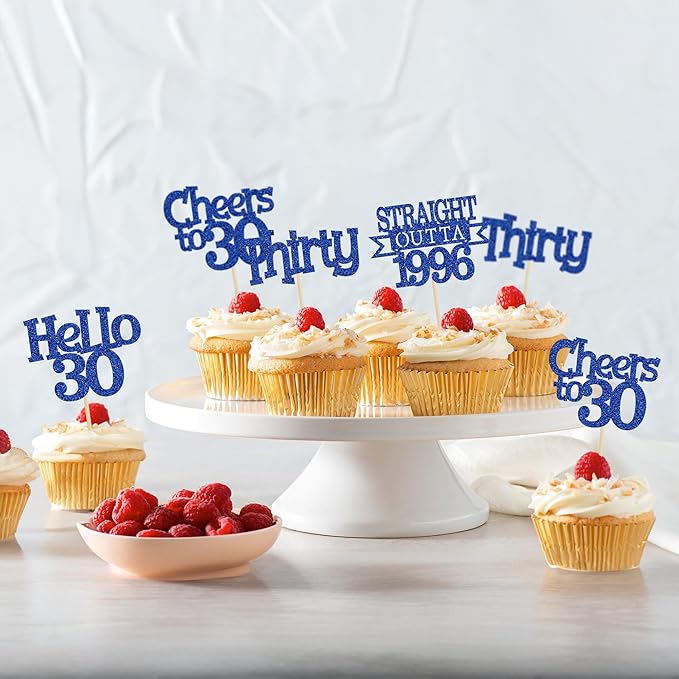 Ephlyn 24Pcs Happy 30th Birthday Cupcake Toppers Glitter Thirty Cupcake Picks Hello 30 Cheers to 30 Years Cake Decorations for 30th Birthday Anniversary Party Decorations Supplies Blue