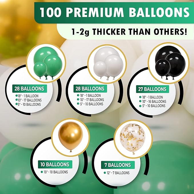 ALL-IN-1 Green Black White Balloons Garland Kit & Arch Small and Large Gold, White, Black Balloons Lime Dark Green Party Decorations for Graduation Birthday Football Soccer Army
