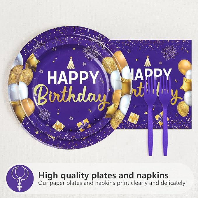 96Pcs Purple and Gold Birthday Party Decorations for Women Purple and Gold Happy Birthday Plates and Napkins Sets Princess Decorations for Girls Lady Bday Party Supplies Serves 24