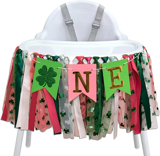 St. Patrick's Day High Chair Banner - Lucky One Birthday Party Supplies,Glitter Luck Shamrock Decorations,Four Leaf Clover First Birthday ONE Tutu Highchair Banner (lucky pink)