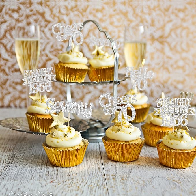 Ephlyn 24Pcs Happy 70th Birthday Cupcake Toppers Glitter Straight Outta 1956 Cupcake Picks Hello 70 Cheers to 70 Years Birthday Cake Decorations for 70th Birthday Anniversary Party Supplies Silver