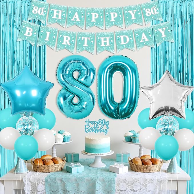 Funmemoir Teal 80th Birthday Decorations for Women - Happy 80th Birthday Banner Sash Tiara Foil Balloons Foil Fringe Backdrop and Cake Topper, Teal Blue 80 Years Old Party Supplies