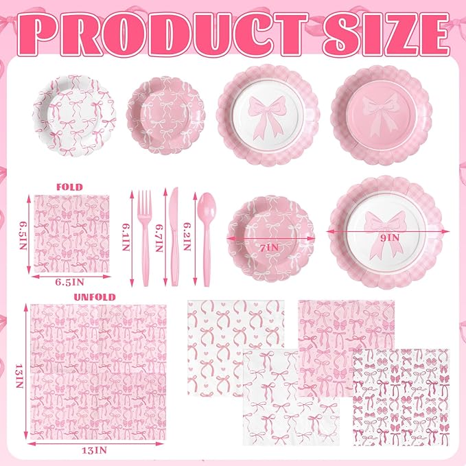 350 Pcs Pink Bow Birthday Party Supplies Include Bow Plates Napkins Disposable Tableware Set Coquette Birthday Decorations for Girls Wedding Bridal Baby Shower Serve 50 Guest