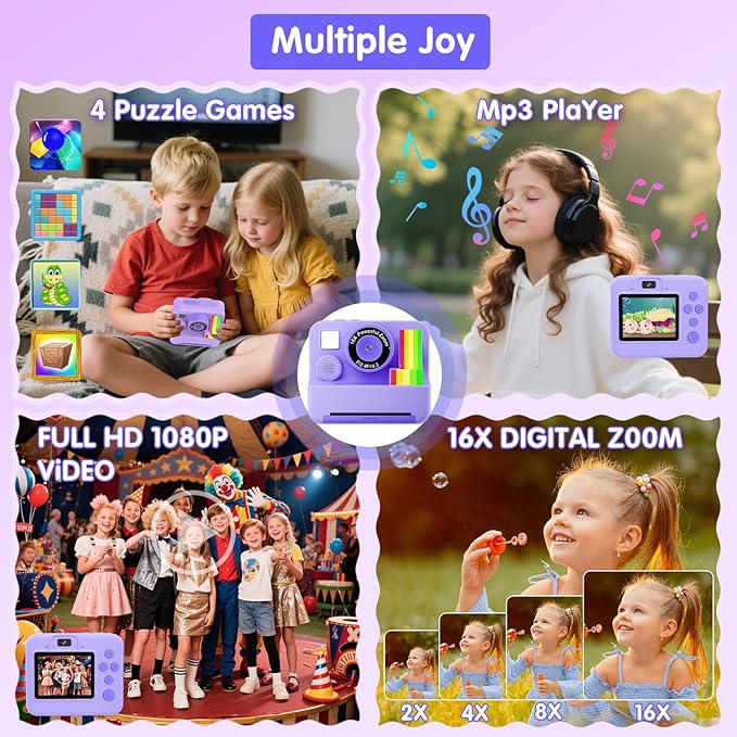 1080P Kids Instant Print Camera - Kids Camera for Girls and Boys, Ages 3-12, Portable Toy with 32GB SD Card & 3 Rolls Printing Paper - Best Christmas Birthday Gift for Kids, Purple