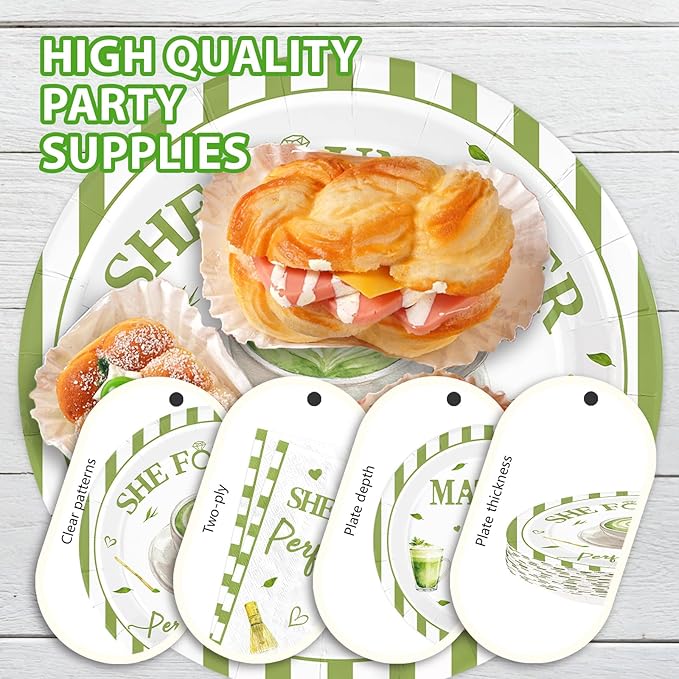 96Pcs Green Matcha Party Supplies She Found Her Perfect Matcha Plates and Napkins Green White Tableware Set for Bridal Shower Wedding Engagement Anniversary Party Decorations Serves 24