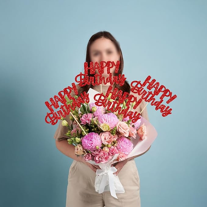 Gyufise 12Pcs Happy Birthday Centerpieces Sticks Double Sided Glitter Birthday Party Decorations Anniversary Table Flower Centerpiece for Celebrating Party Supplies Red