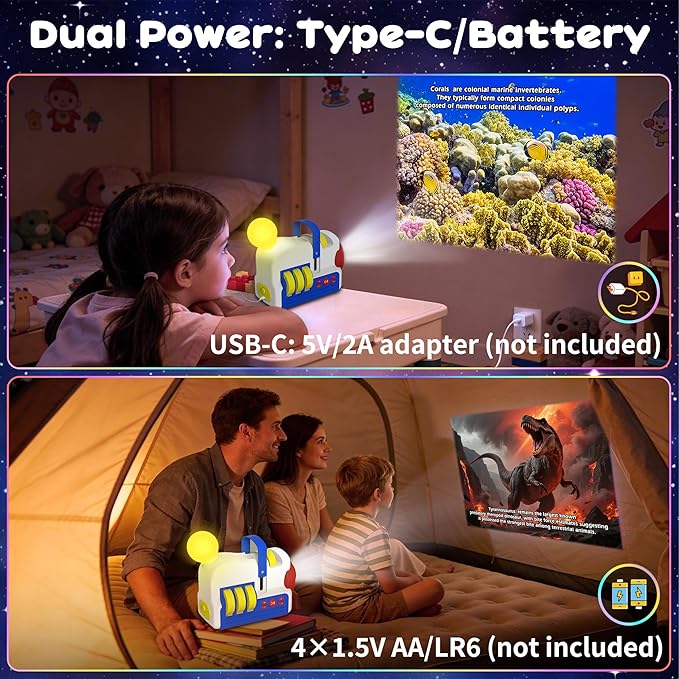 Story Projector for Toddlers Kids Ages 3+ with 4 Story Cards, Earth, Ocean, Dinosaurs, Space, Built-in Audio Player, 9 Sleep Sounds & 5 Night Light Modes, Dual Power Gift Toy for Boys Girls