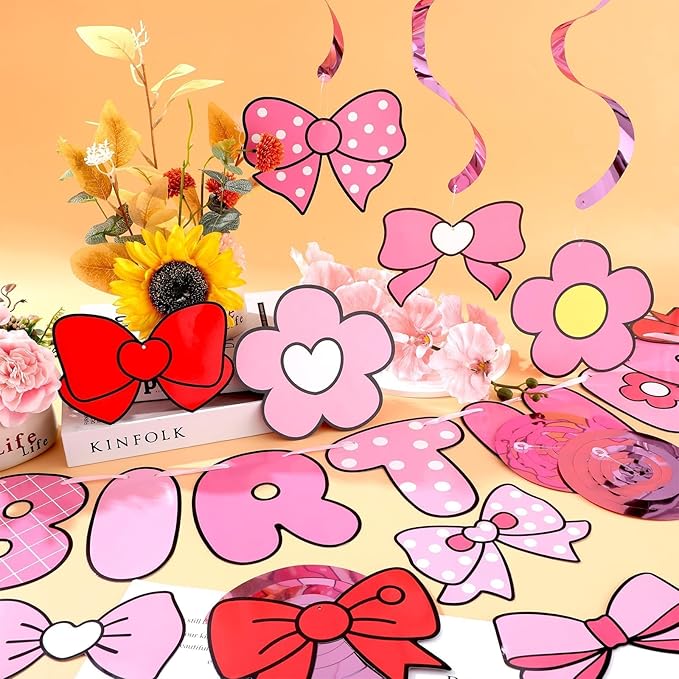Pink Bow Birthday Party Decorations Bow Happy Birthday Banners Pink Hanging Swirl Cartoon Cat Theme Party Supplies Cute Bowknot Cutout Streamers for Girls Baby Shower Coquette Bachelorette Party Decor