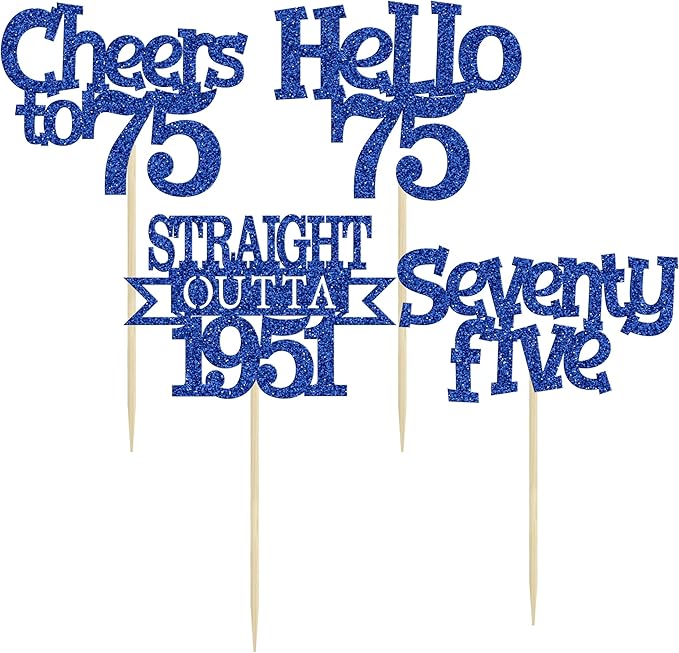 Ephlyn 24Pcs 75th Birthday Cupcake Toppers Glitter Straight Outta 1951 Cupcake Picks Hello 75 Cheers to 75 Years Cake Decorations for 75th Birthday Anniversary Party Decorations Supplies Blue