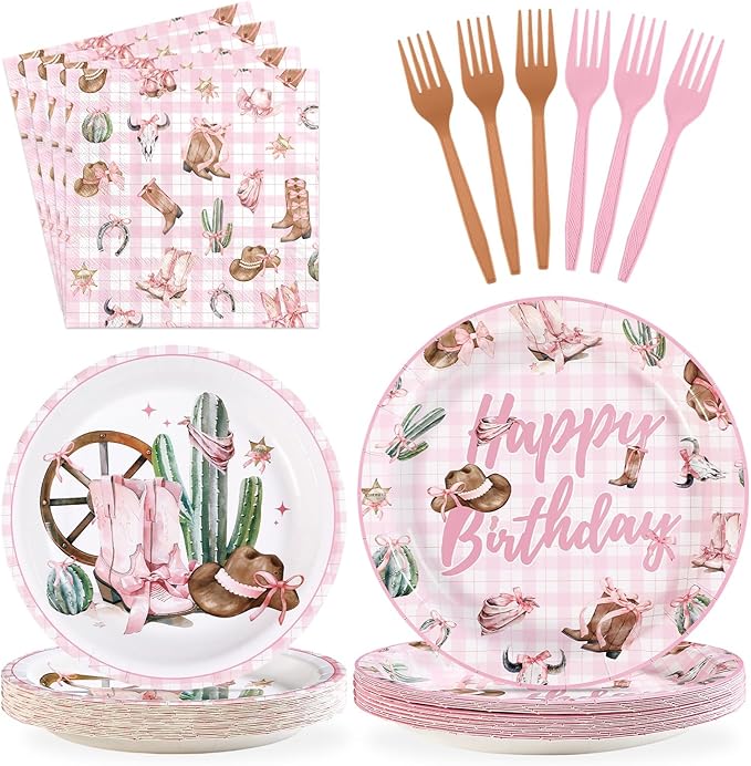 Grencian 96Pcs Western Cowgirl Birthday Party Decorations Coquette Bow Cowgirls Plates and Napkins Pink Cowgirls Tableware for Girls Western Birthday Baby Shower Party, Serves 24