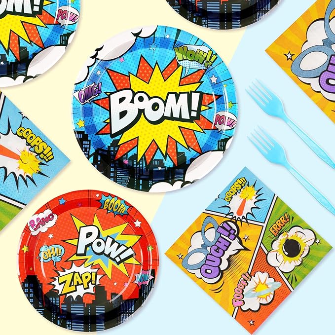 Grencian 96Pcs Super Theme Hero Party Decorations Hero Themed Plates and Napkins Disposable Heroes Action Paper Plates Tableware Set for Boys Kids Birthday Party Baby Shower Supplies, Serves 24