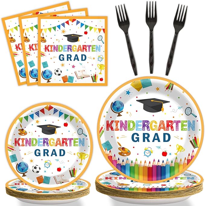 Kindergarten Graduation Party Supplies Pre-K Grad Tableware Set Preschool Graduation Plate Napkin Kindergarten Disposable Paper Dinnerware Kit for Graduate Party decoration Favor 24 Guest (White)