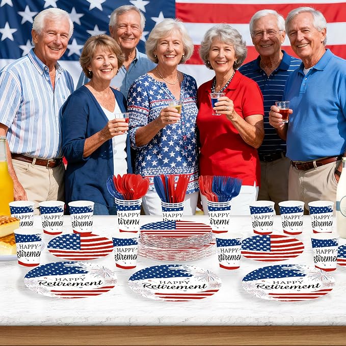 168Pcs We Are So Proud of You Party Supplies Military Happy Retirement Plates Napkins Cups Forks Knives Spoons Red White Blue Paper Tableware for Retirement Veterans Day Supplies Serves 24
