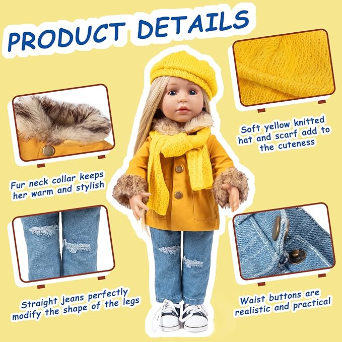 18 Inch Doll Clothes Set 5-PC Fashion Mustard Winter Coat Set Includes Warm Coat, Shirt, Jeans, Yellow Knit Hat & Knit Scarf, Outfits Casual Wear Fits American Girl,Our Generation Dolls