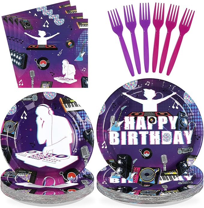 96 Pcs DJ Birthday Party Decorations Music Themed Party Paper Plates and Napkins Rock DJ Short Video Tableware Set for Boys Girls Adults Birthday Supplies Serves 24