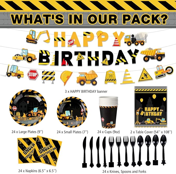 Tiamon 173 Pcs Construction Birthday Party Supplies Serves 24 Include Construction Tablecloth Dump Truck Banners Plates Napkins Tableware Set for 2nd Theme Birthday Party Decoration