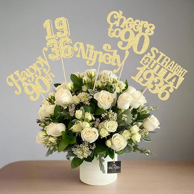 Gyufise 15Pcs Happy 90th Birthday Centerpiece Sticks Ninety Straight Outta 1936 Table Flower Centerpieces Sticks Cheers to 90 Decorations for 90th Birthday Party Supplies Gold