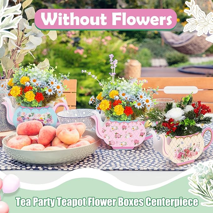 Yinder 6 Pcs Tea Party Decorations Princess Party Flower Boxes Centerpiece Floral Teapot Centerpiece for Floral Tea Themed Birthday Wedding Supplies(Sweet Tea Pot)