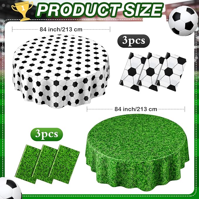 6 Pack Round Soccer Tablecloth 84 Inch Plastic Soccer Grass Party Decorations Disposable Grass Table Cloth Washable Disposable Circle Table Cover for Birthday Party Supplies Decoration