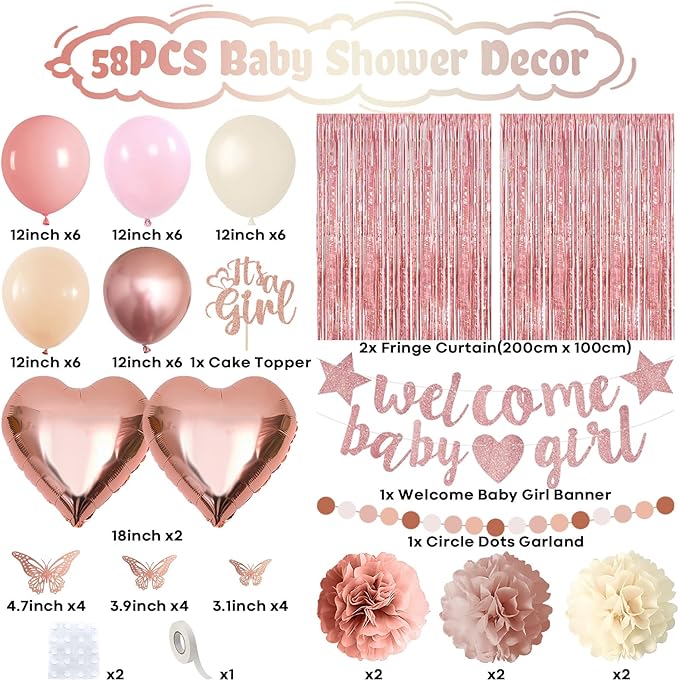 Pink Baby Shower Decorations for Girl, Boho Dusty Blush Pink Rose Gold Beige White Latex Balloons Welcome Baby Banner Its A Girl Cake Topper Pom Poms Fringe Curtain for Girls Birthday Party Decoration