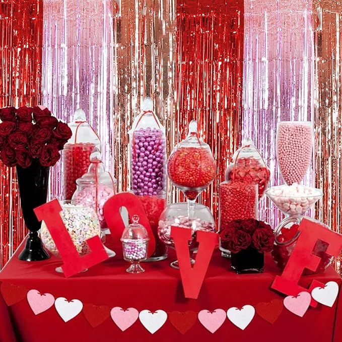 TONIFUL Valentine's Day Door Streamers,Red Pink and Rose Gold Photo Booth Backdrop Metallic Streamers Foil Fringe Curtain for Birthday Valentine's Day Bridal Shower Engagement Party Decoration
