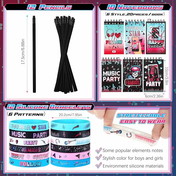 Jexine 128 Pcs Music Theme Party Supplies Include 12 Silicone Bracelets, 12 Keychains, 12 Badges, 12 Pencils, 12 Drawstring Bag, 18 Spiral Notepads, 50 Musical Stickers for Kids Birthday Party (Music)