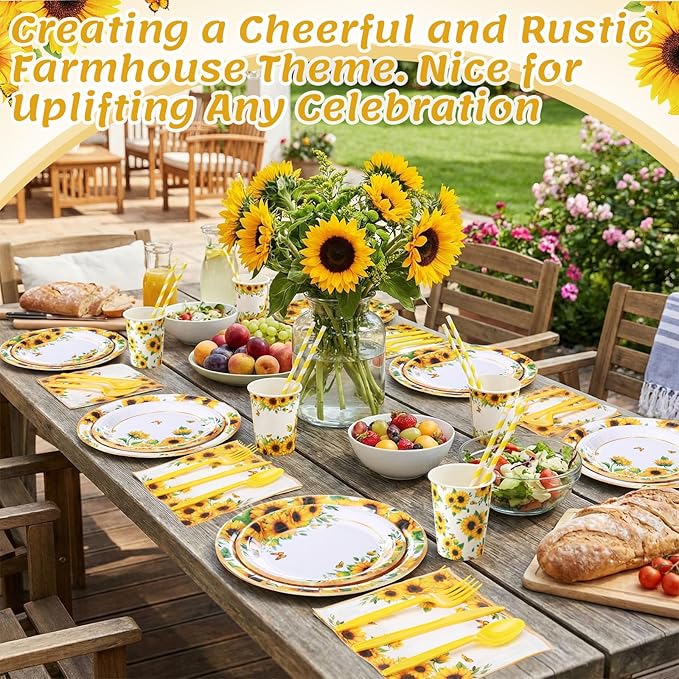 450 Pcs Sunflower Birthday Tableware Set Decorations Floral Paper Plates Napkins Cups Cutlery Straws for Yellow Birthday Wedding Bridal Shower Baby Shower Decorations, Serves 50
