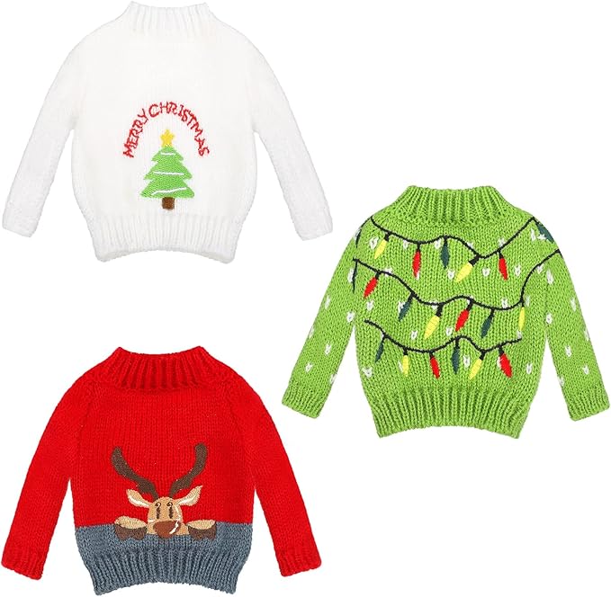 Aoriher 3 Pcs Christmas Doll Clothes Christmas Accessories Outfit Small Sweater Set Knitted Clothing Elk Xmas Santa Tree Snowflake Xmas Doll Accessories(Cute Style)
