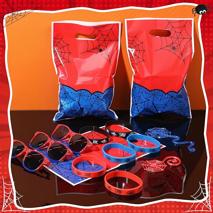 Soulchen 48 Pieces Spiderweb Birthday Party Decoration Set Spiderweb Gift Bags Spider Silicone Bracelet Sunglasses Cobweb Sticky Hands Toys for Birthday Party Supplies Favors (Classic)