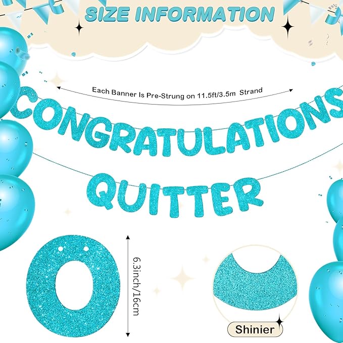 Fulmoon Pre Strung Congratulations Quitter Glitter Banner Funny Retirement Banner Graduation Party Decorations Going Away Supplies Garland for Men Women Gifts, No DIY(Sky Blue)